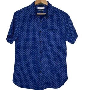 Denim & Flower Men Blue Geo Print Button Down Short Sleeve Shirt Top Sz Large